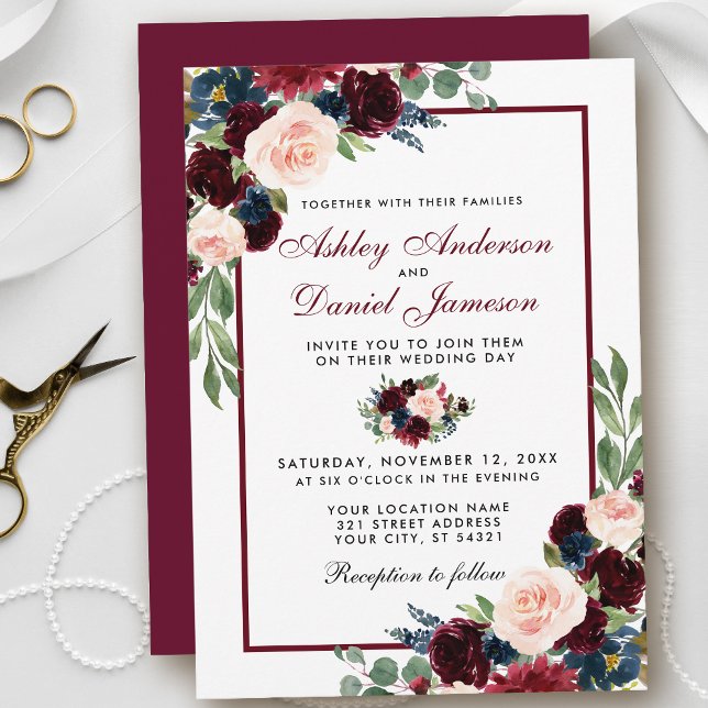 Vattenfärg Burgundy Blue Blommigt Bröllop B Inbjudningar (Customize to change text color, style, add text & photos to back or change color of back of card.)