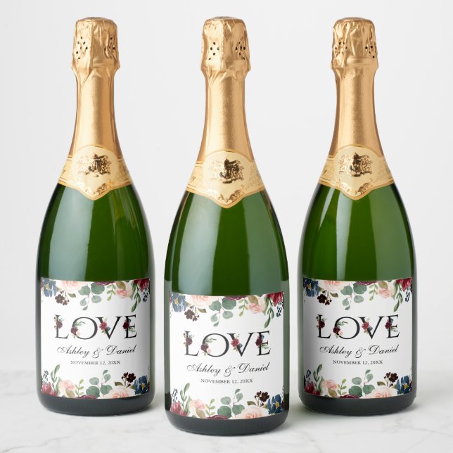 Vattenfärg Burgundy Blue Blommigt Bröllop Kärlek (Flaskor)
