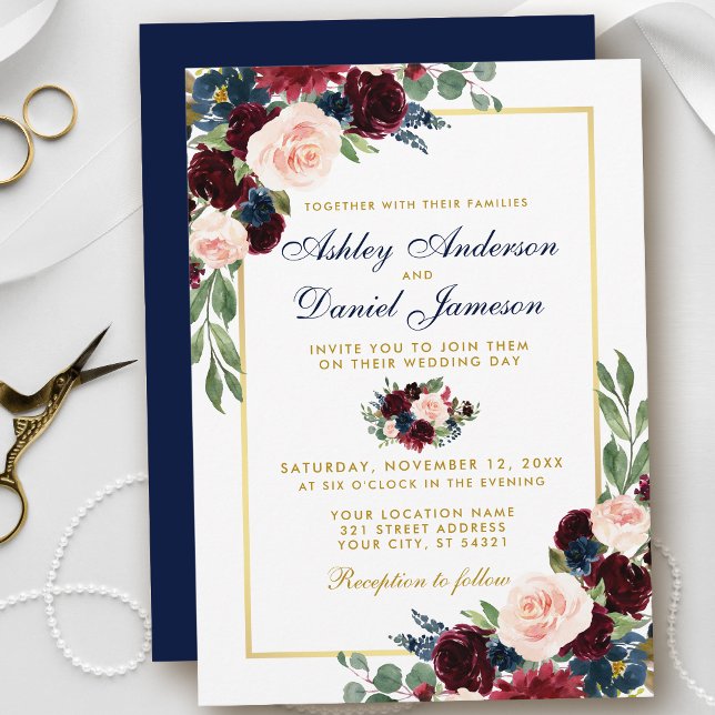 Vattenfärg Burgundy Blue Blommigt Guld Bröllop BG Inbjudningar (Customize to change text color, style, add text & photos to back or change color of back of card.)