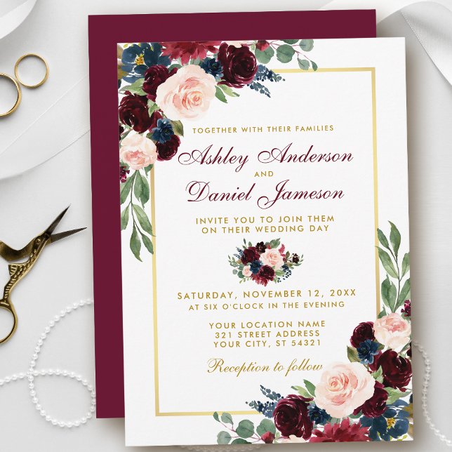Vattenfärg Burgundy Blue Blommigt Guld Bröllop BG Inbjudningar (Customize to change text color, style, add text & photos to back or change color of back of card.)