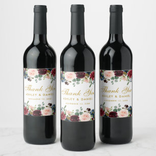 Vattenfärg Burgundy Blue Blommigt Guld Bröllop Vinflaska Etikett