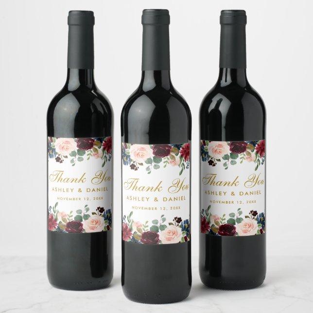 Vattenfärg Burgundy Blue Blommigt Guld Bröllop Vinflaska Etikett (Flaskor)