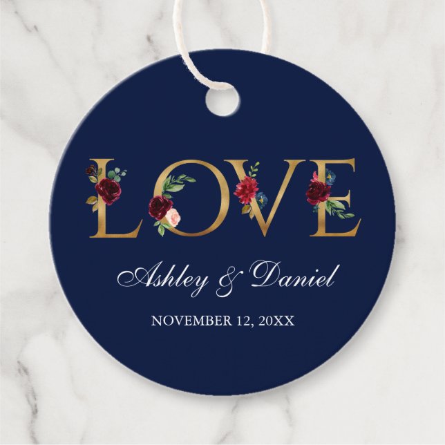 Vattenfärg Burgundy Blue Blommigt Guld Kärlek Bröl Gåvor Etiketter (Framsida)
