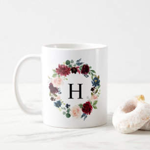 Vattenfärg Burgundy & Blue Blommigt Wandeene Monog Kaffemugg