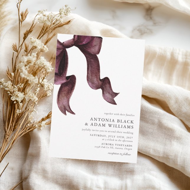 Vattenfärg Burgundy Bow Blommigt Bröllop Inbjudningar (Skapare uppladdad)