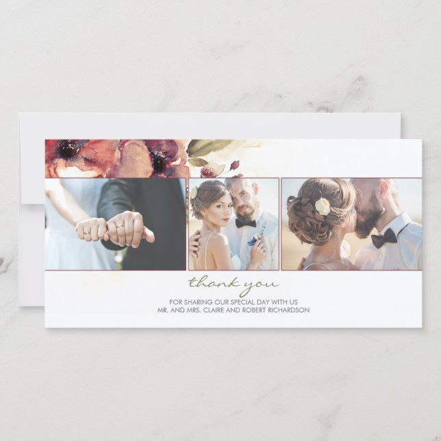 Vattenfärg Burgundy Flower Photo Bröllop Tack (Framsida)