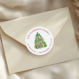 Vattenfärg Burgundy & Grönt Julgran Adress Runt Klistermärke