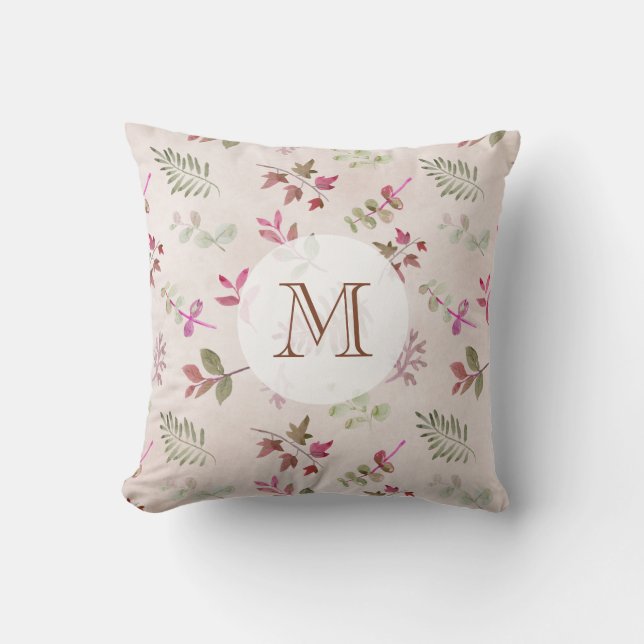 Vattenfärg Burgundy Löv & Foliage Monogram Kudde (Framsida)