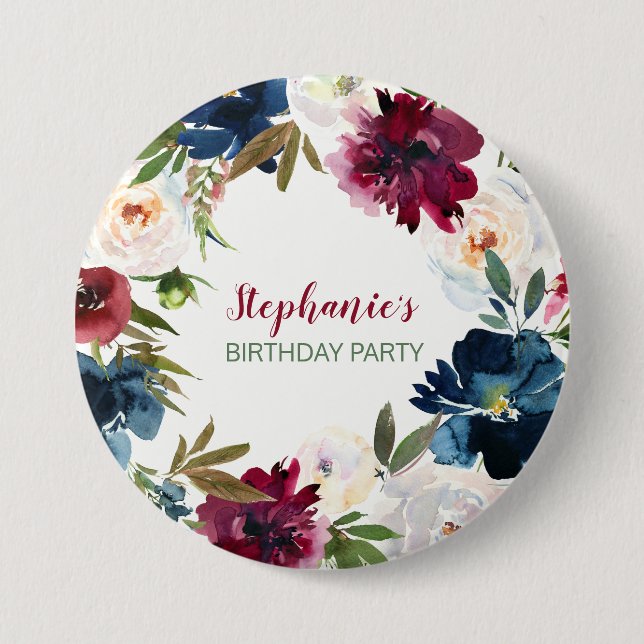 Vattenfärg Burgundy Navy Flowers Birthday Knapp (Framsida)