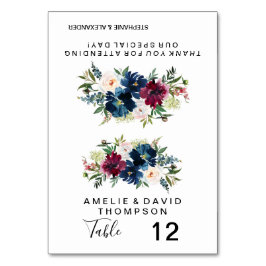 Vattenfärg Burgundy Navy Flowers Bröllop Bordsnummer