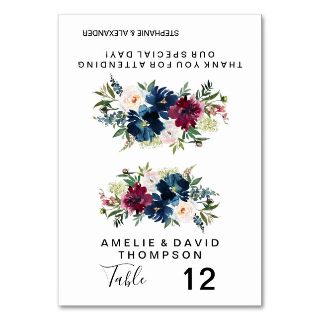 Vattenfärg Burgundy Navy Flowers Bröllop Bordsnummer (Framsidan)