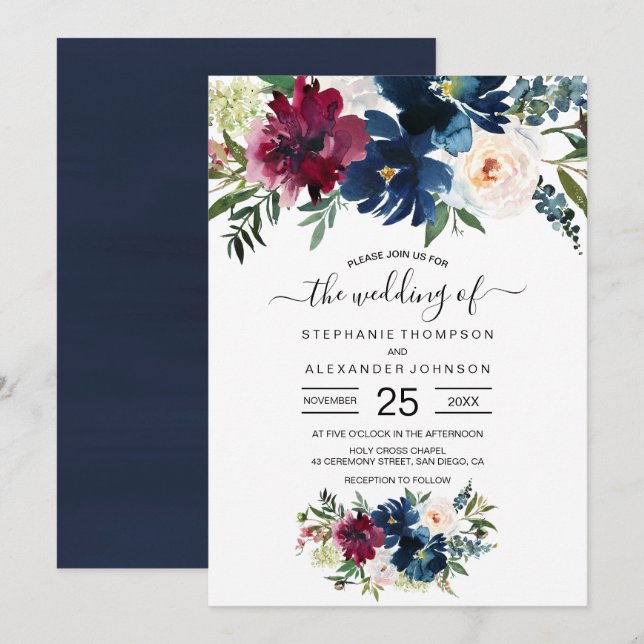 Vattenfärg Burgundy Navy Flowers Bröllop Inbjudningar (Fram/baksida)