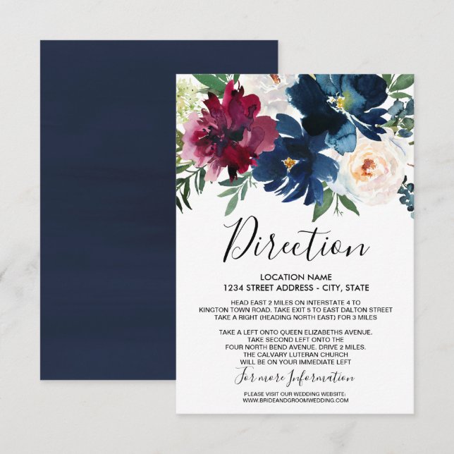 Vattenfärg Burgundy Navy Flowers Bröllop Inbjudningar (Fram/baksida)