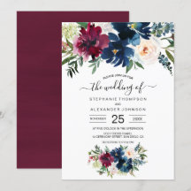 Vattenfärg Burgundy Navy Flowers Bröllop