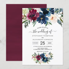 Vattenfärg Burgundy Navy Flowers Bröllop Inbjudningar