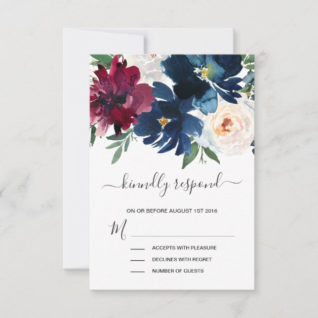 Vattenfärg Burgundy Navy Flowers Bröllop OSA Kort (Framsida)