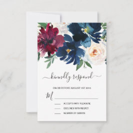 Vattenfärg Burgundy Navy Flowers Bröllop OSA Kort