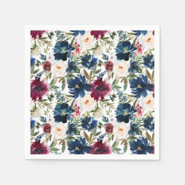 Vattenfärg Burgundy Navy Flowers Bröllop Pappersservett