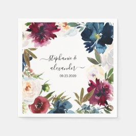 Vattenfärg Burgundy Navy Flowers Bröllop Pappersservett