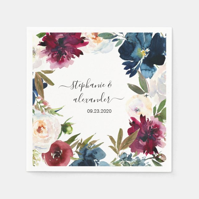 Vattenfärg Burgundy Navy Flowers Bröllop Pappersservett (Framsidan)