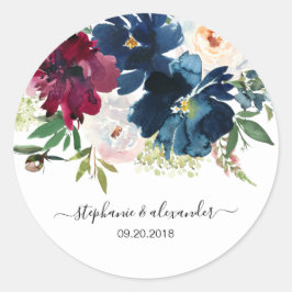 Vattenfärg Burgundy Navy Flowers Bröllop Runt Klistermärke