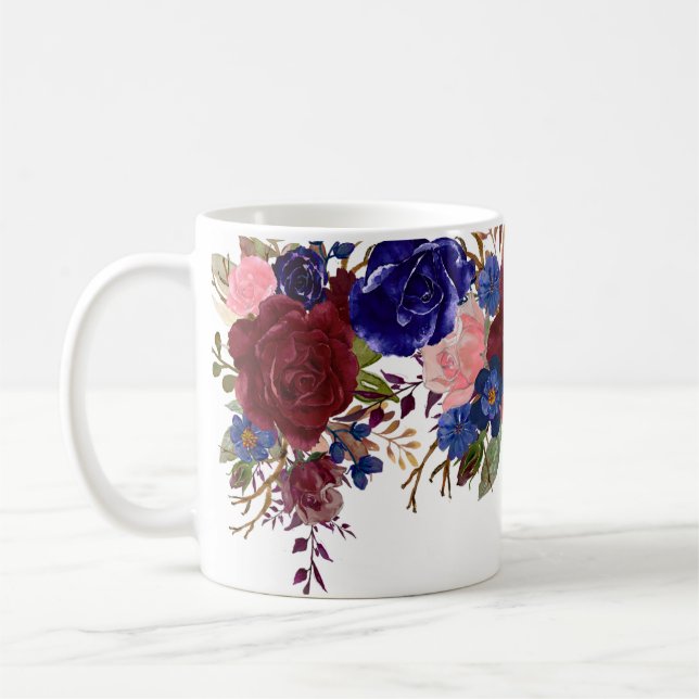 Vattenfärg Burgundy Navy Ro Flower Söt Kaffemugg (Vänster)