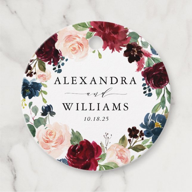 Vattenfärg Burgundy och Blå Blommigt Bröllop Gåvor Etiketter (Framsida)
