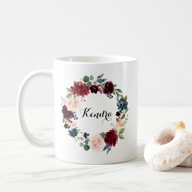 Vattenfärg Burgundy och Blå Blommigt Utandning Hös Kaffemugg (Med munk)