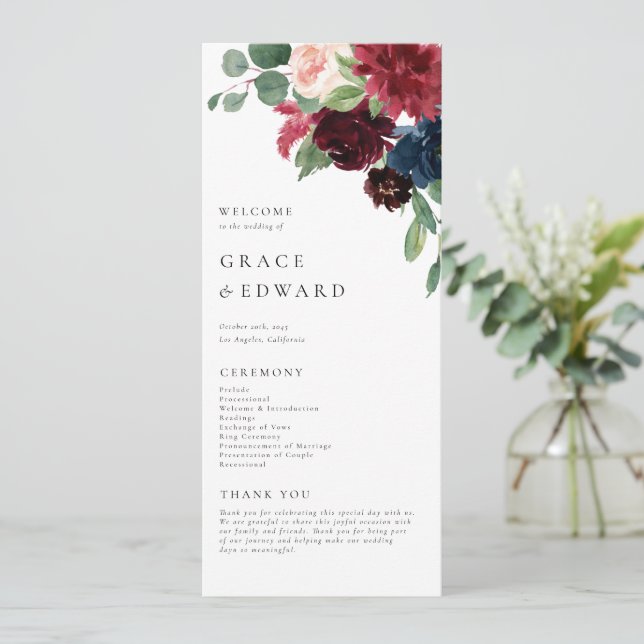 Vattenfärg Burgundy och marinblå blombröllop Program (Stående Fram)