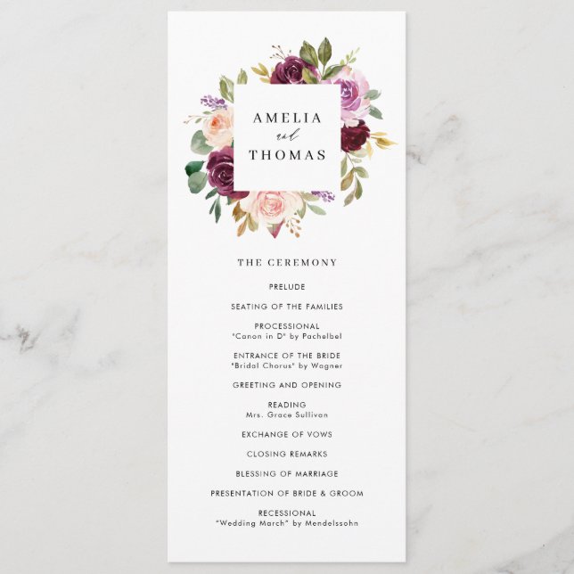 Vattenfärg Burgundy och rosafärgad höstblomma bröl Program (Framsida)