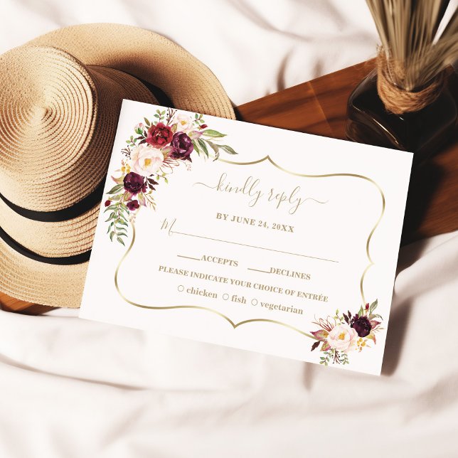 Vattenfärg Burgundy Red Rosa Blommigt Guld Bröllop OSA Kort (Skapare uppladdad)