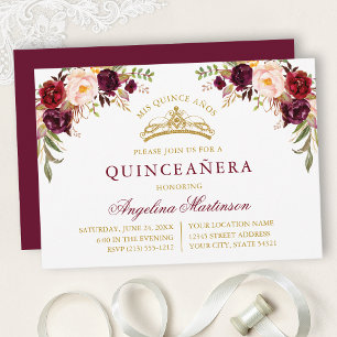 Vattenfärg Burgundy Rosa Blommig Guld Quinceanera Inbjudningar