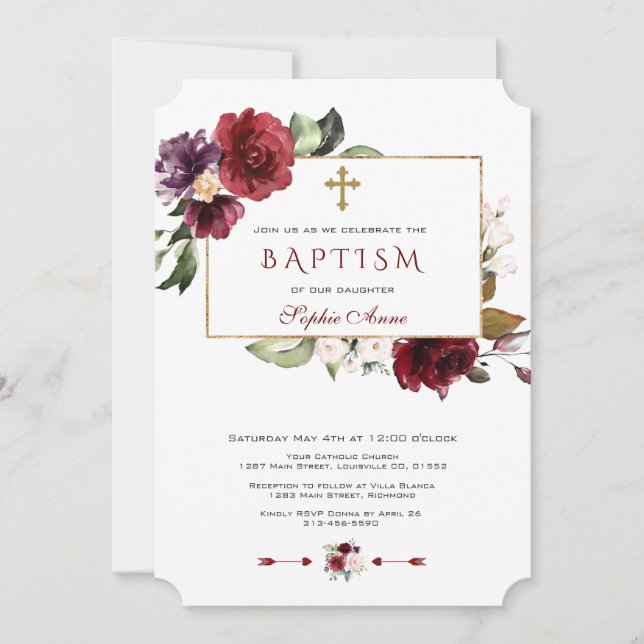 Vattenfärg Burgundy Rosa Blommigt Ram Baptism Inbjudningar (Framsida)