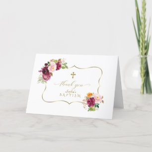 Vattenfärg Burgundy Saffron Flowers Guld Baptism Tack Kort