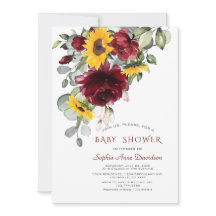 Vattenfärg Burgundy Solblommor Guld Baby Shower