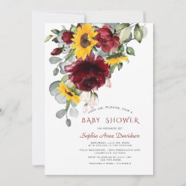 Vattenfärg Burgundy Solblommor Guld Baby Shower Inbjudningar