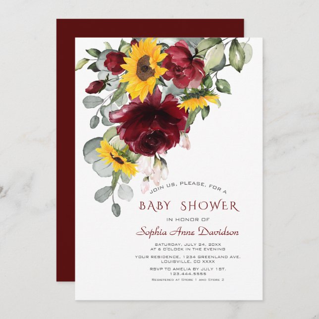Vattenfärg Burgundy Solblommor Guld Baby Shower Inbjudningar (Fram/baksida)