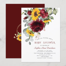 Vattenfärg Burgundy Solblommor Guld Baby Shower Inbjudningar