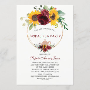 Vattenfärg Burgundy Solros Möhippa Tea Party Inbjudningar