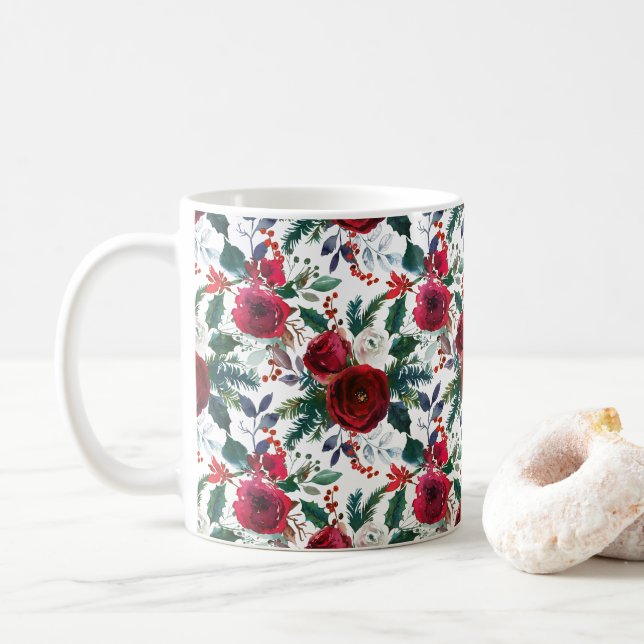 Vattenfärg Burgundy Winter-blommor jul Kaffemugg (Med munk)