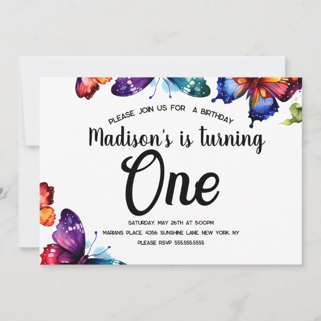 Vattenfärg Butterflies Colorful Garden Birthday Inbjudningar (Framsida)