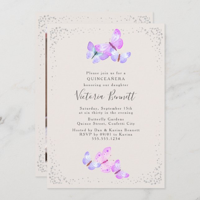 Vattenfärg Butterflies Porträtt Photo Quinceanera Inbjudningar (Fram/baksida)