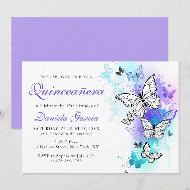 Vattenfärg Butterfly Lila Turcos Quinceañera Inbjudningar (Fram/baksida)