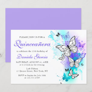 Vattenfärg Butterfly Lila Turcos Quinceañera Inbjudningar