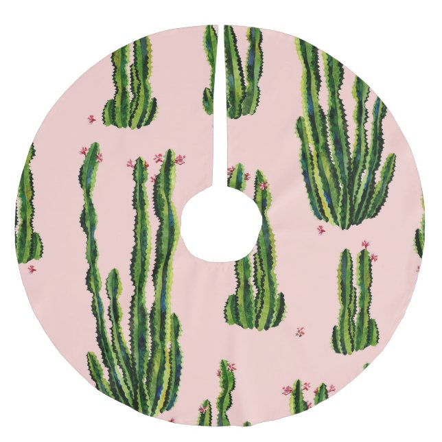 Vattenfärg Cacti: Blossoming Seamless Mönster Julgransmatta Borstad Polyester (Framsidan)