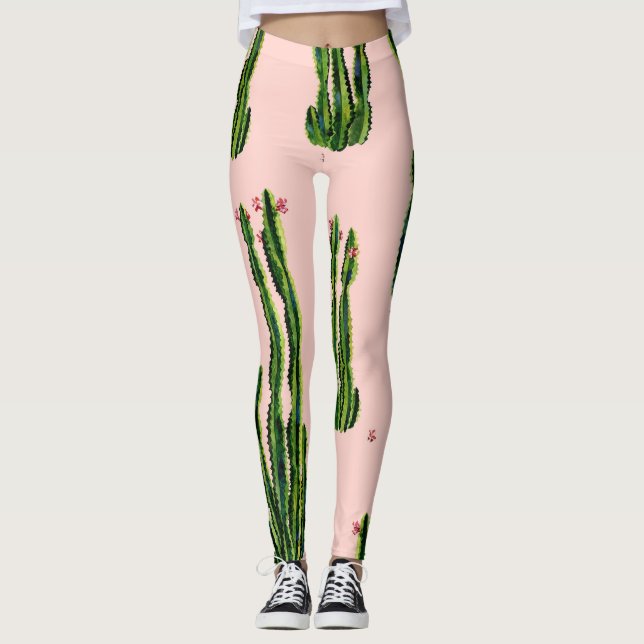 Vattenfärg Cacti: Blossoming Seamless Mönster Leggings (Framsida)