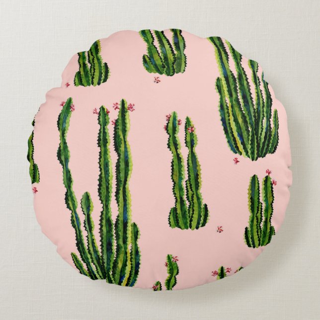 Vattenfärg Cacti: Blossoming Seamless Mönster Rund Kudde (Framsidan)