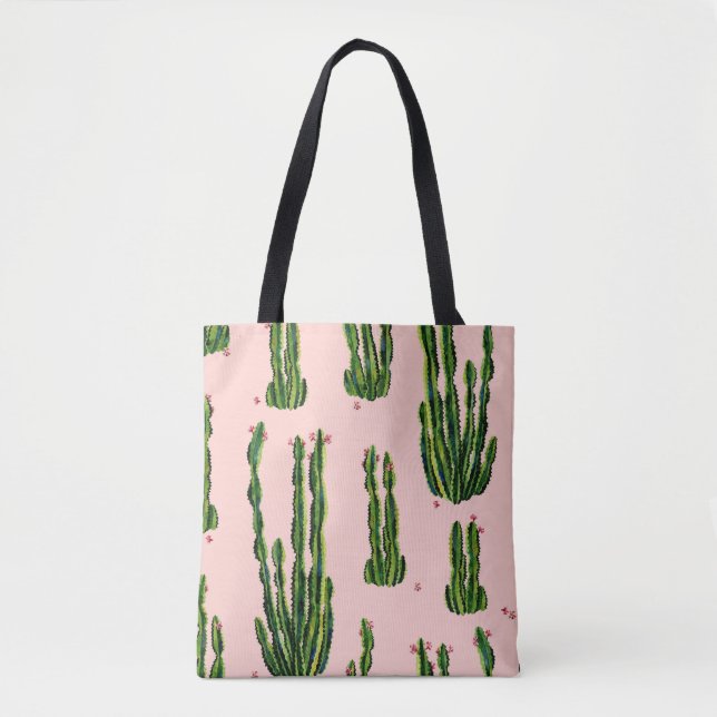 Vattenfärg Cacti: Blossoming Seamless Mönster Tygkasse (Framsida)