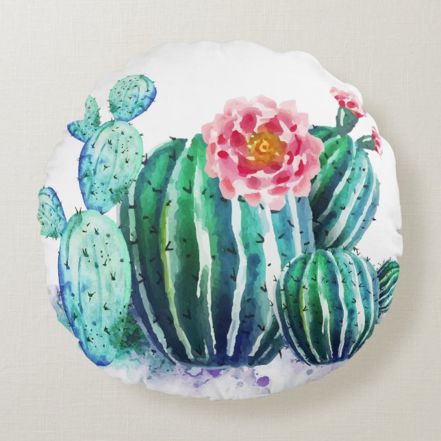 vattenfärg Cactus Rund Kudde (Framsidan)