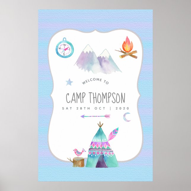 Vattenfärg Camping Födelsedagsfest Välkommen Poster (Framsidan)
